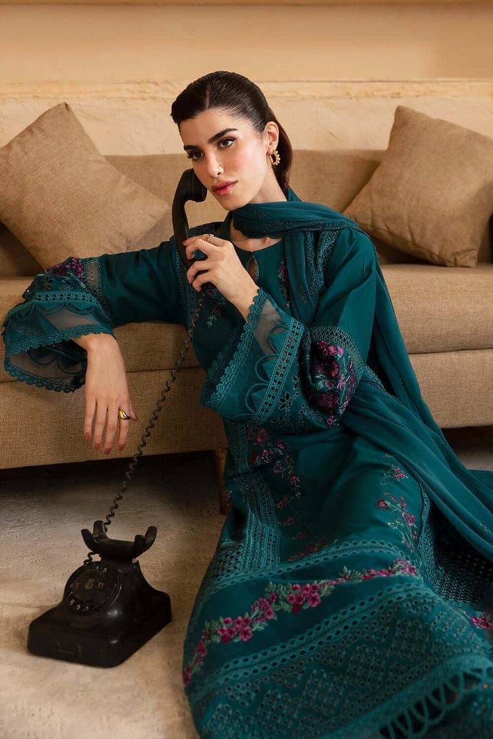 Deep teal chikankari lawn suit sitting model view with khaadi net dupatta