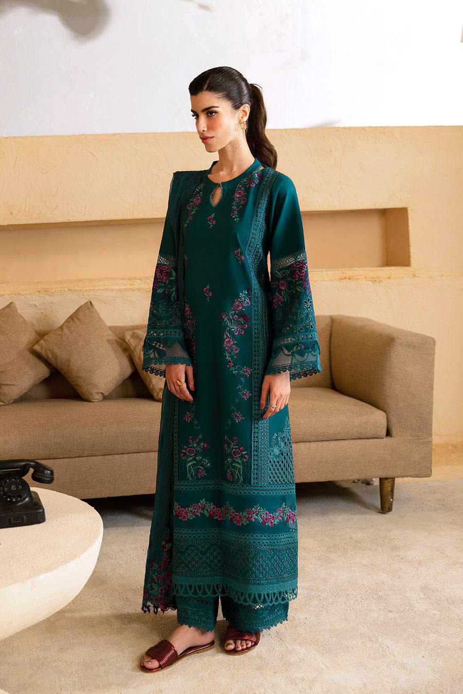 Deep teal embroidered chikankari lawn 3 piece unstitched suit front model view