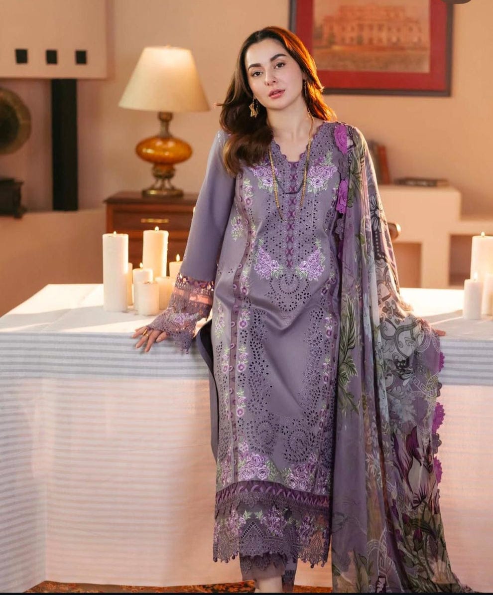 Dusty lavender embroidered lawn 3 piece unstitched suit front model view
