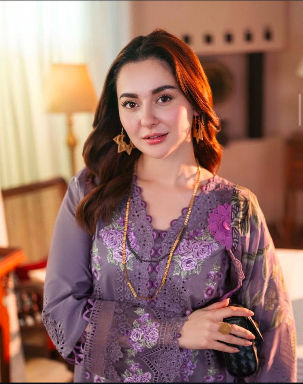 Dusty lavender lawn suit neckline and floral embroidery detail
