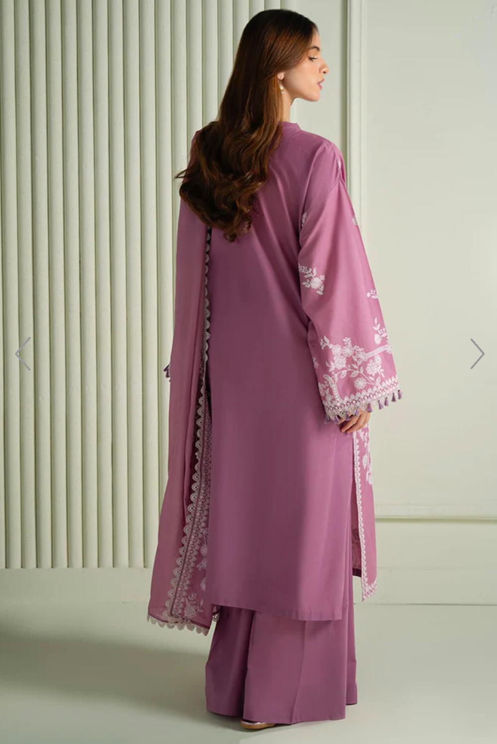 Dusty mauve embroidered lawn suit back model view with dupatta