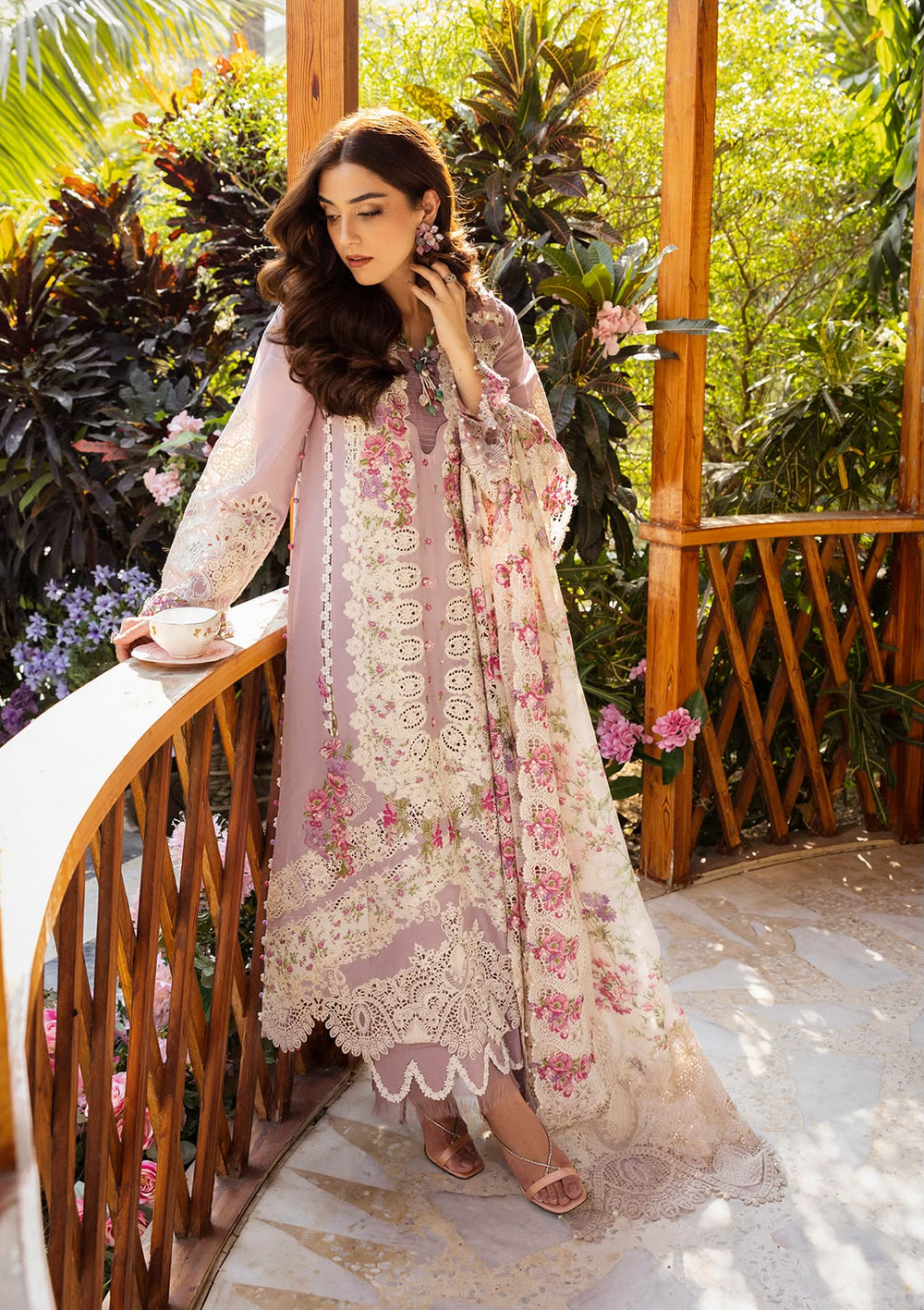 Dusty pink chikankari embroidered cotton 3 piece unstitched suit front model view
