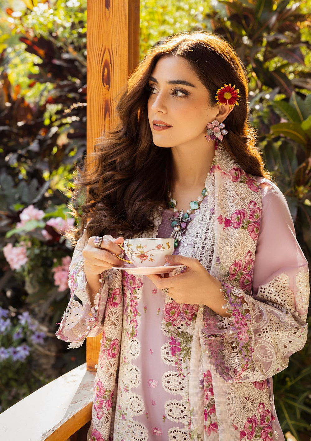Dusty pink cotton chikankari suit tea cup model view
