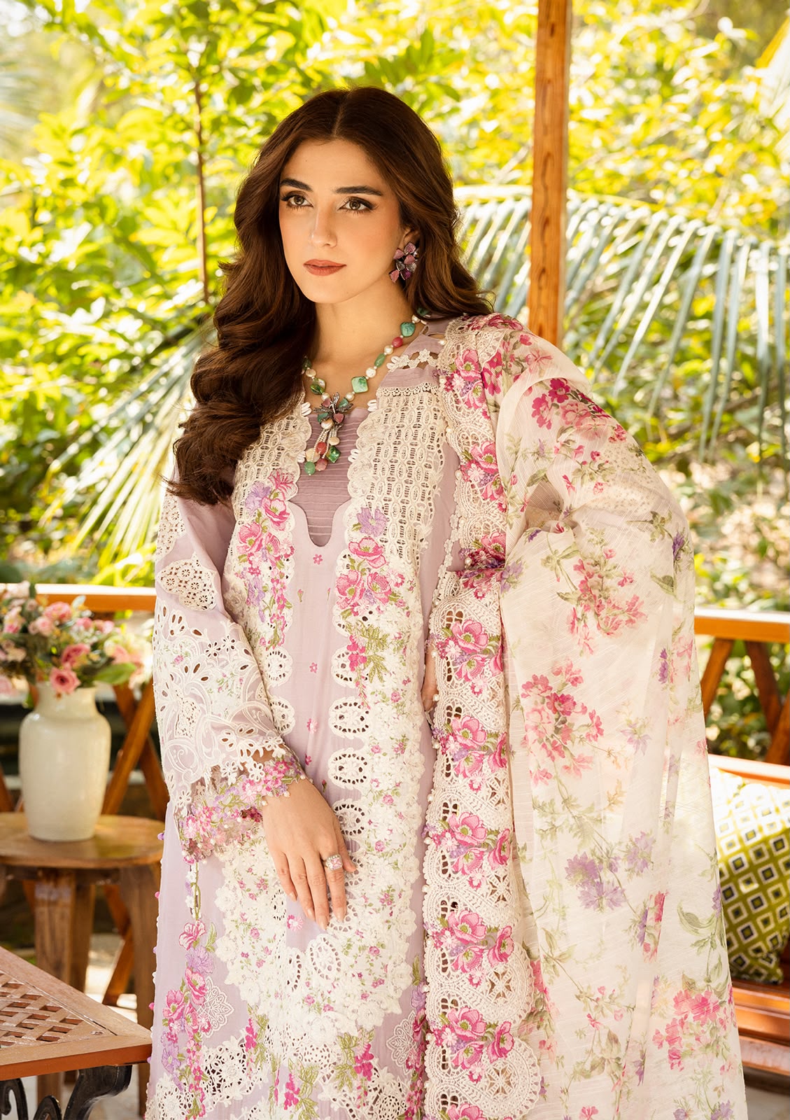Dusty pink embroidered cotton suit with digital print silk dupatta front view
