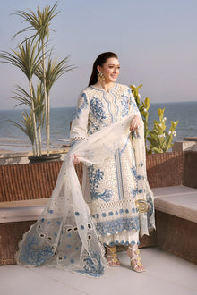Ivory blue chikankari embroidered cotton 3 piece suit full front view
