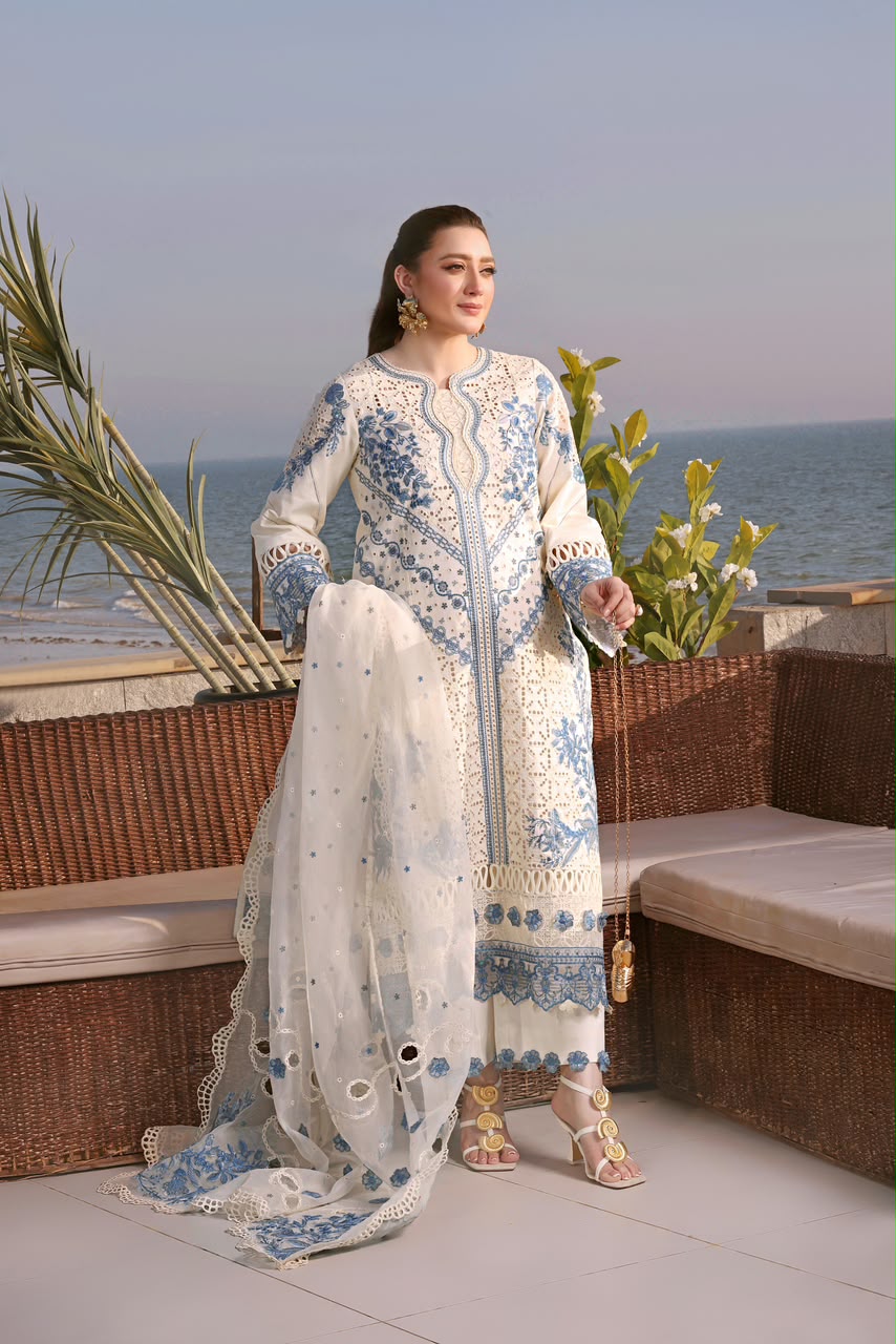 Ivory blue chikankari embroidered cotton 3 piece unstitched suit front model view
