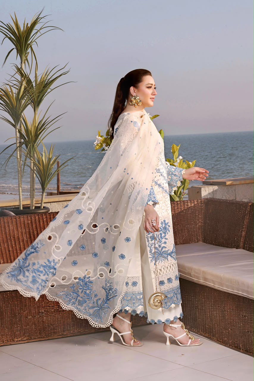 Ivory blue cotton suit with embroidered organza dupatta side model view