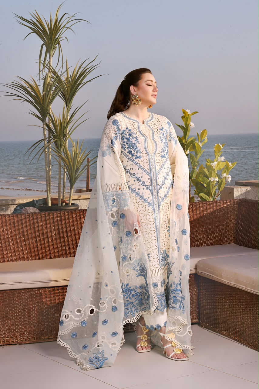 Ivory blue embroidered cotton suit with organza dupatta model view
