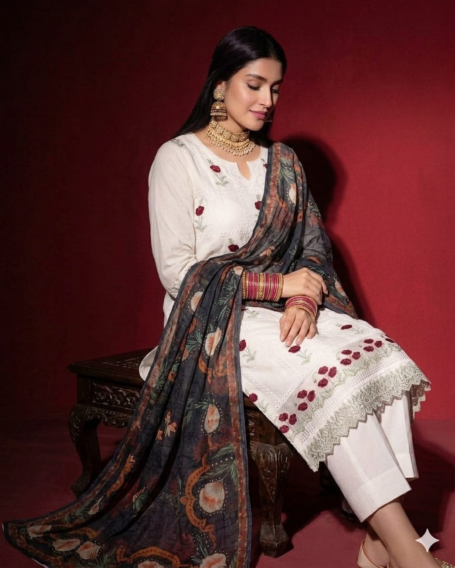Ivory chikankari embroidered lawn 3 piece unstitched suit seated model view