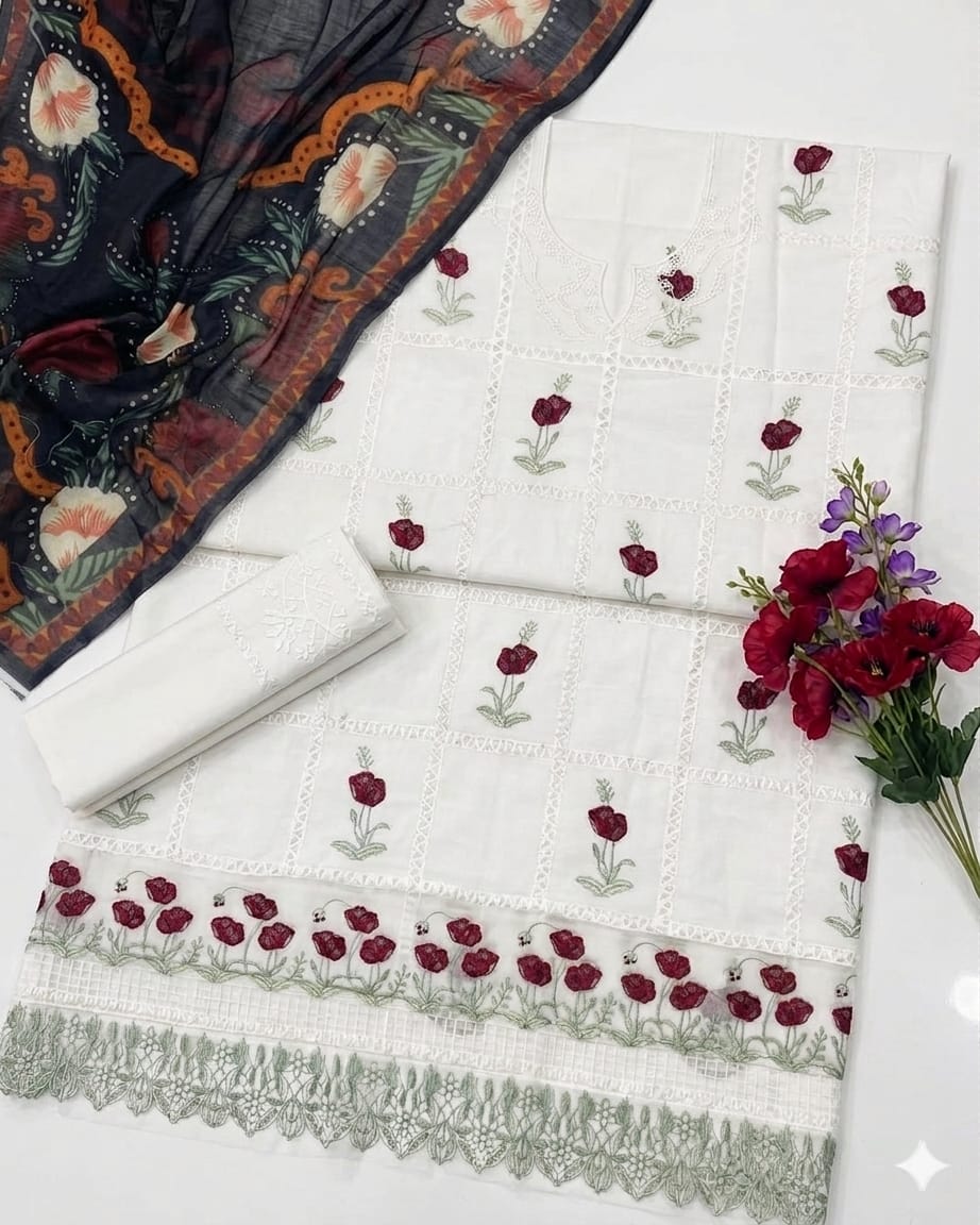 Ivory chikankari embroidered lawn unstitched suit flat lay with shirt trouser and dupatta