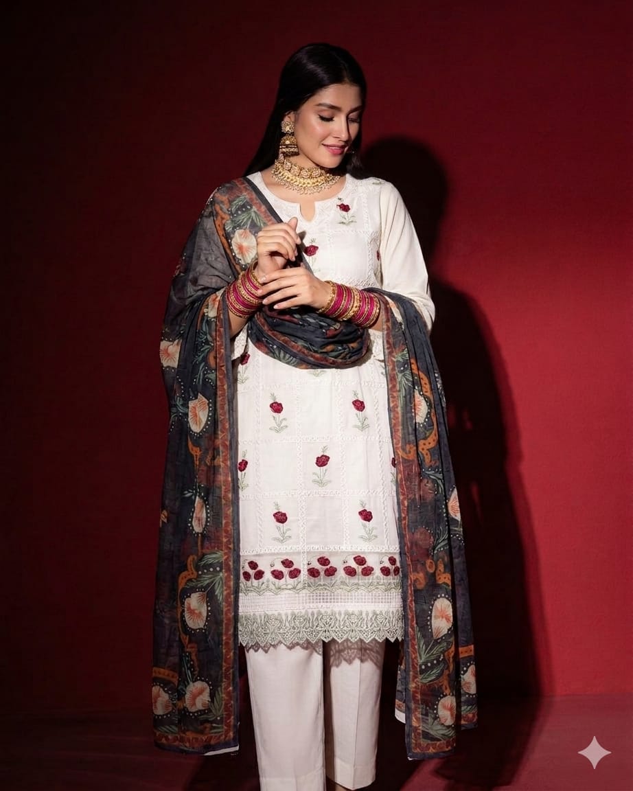 Ivory chikankari lawn suit with dark printed voile dupatta front view