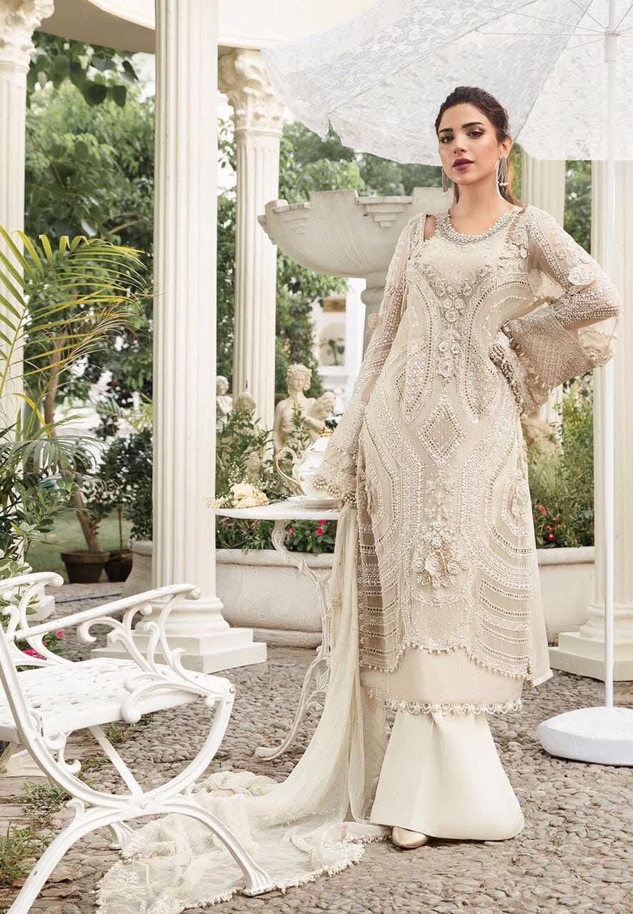 Ivory heavy embroidered chiffon 3 piece unstitched suit front model view
