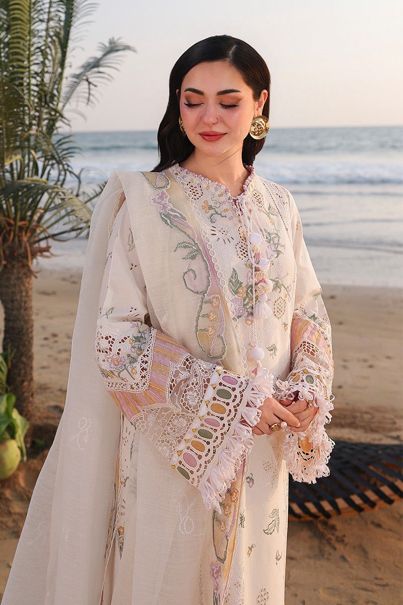 Ivory pastel chikankari embroidered cotton 3 piece suit full front view

