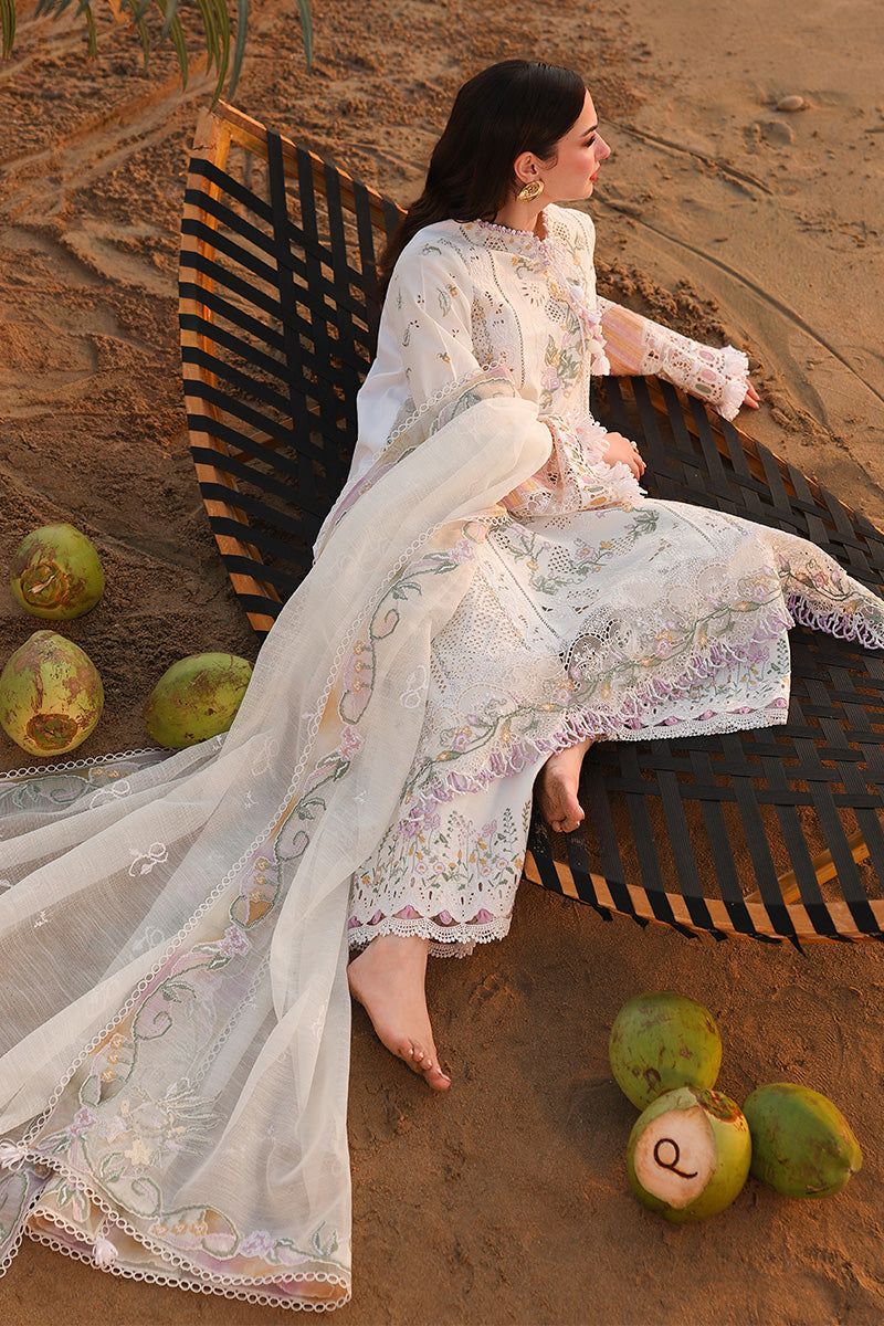 Ivory pastel chikankari cotton suit sitting model view with dupatta
