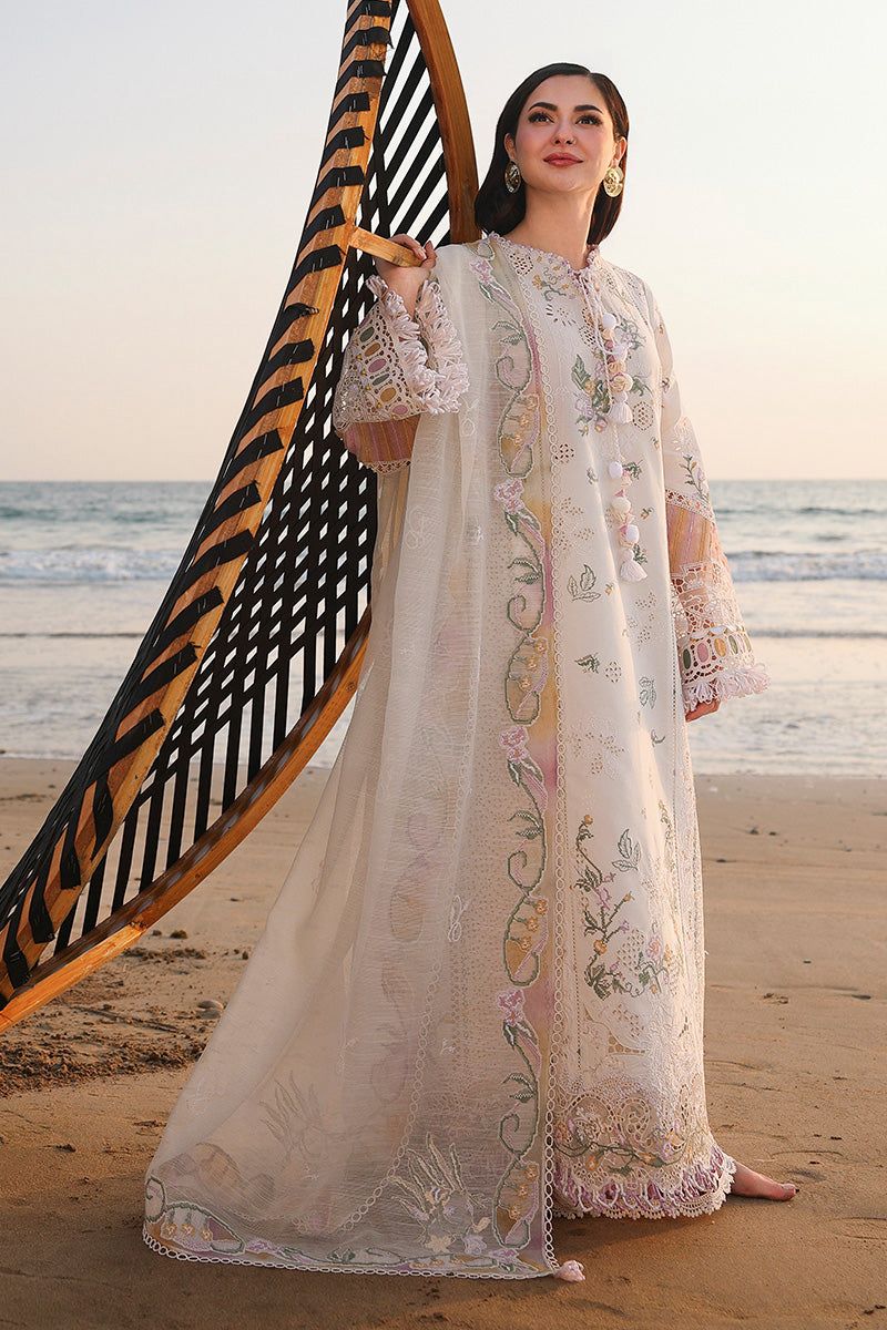 Ivory pastel chikankari embroidered cotton 3 piece unstitched suit front model view
