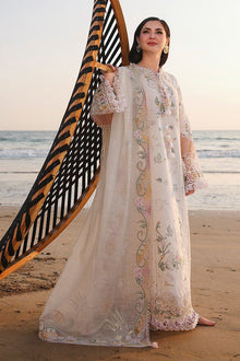 Ivory pastel chikankari embroidered cotton 3 piece unstitched suit front model view
