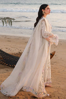 Ivory pastel cotton suit with embroidered khaddi net dupatta side model view

