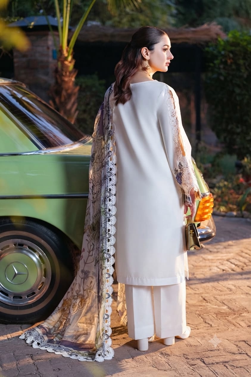 Ivory white chikankari lawn suit back view with printed voil lawn dupatta
