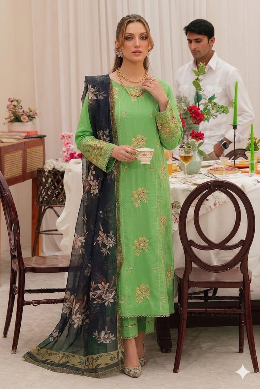Lime green embroidered lawn 3 piece unstitched suit front model view