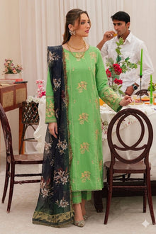 Lime green embroidered lawn suit side model view with printed dupatta