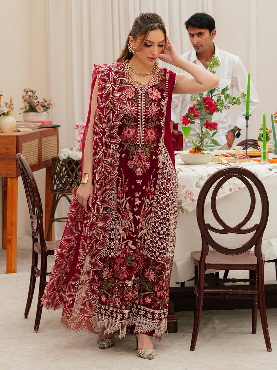 Maroon embroidered 3 piece unstitched suit full model view with floral embroidery and dupatta