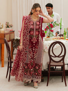 Maroon embroidered 3 piece unstitched suit full model view with floral embroidery and dupatta
