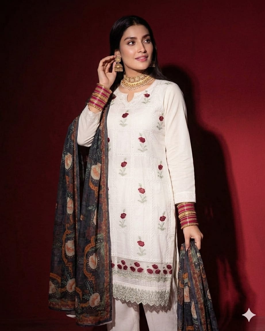 Off white chikankari embroidered lawn suit styled model look