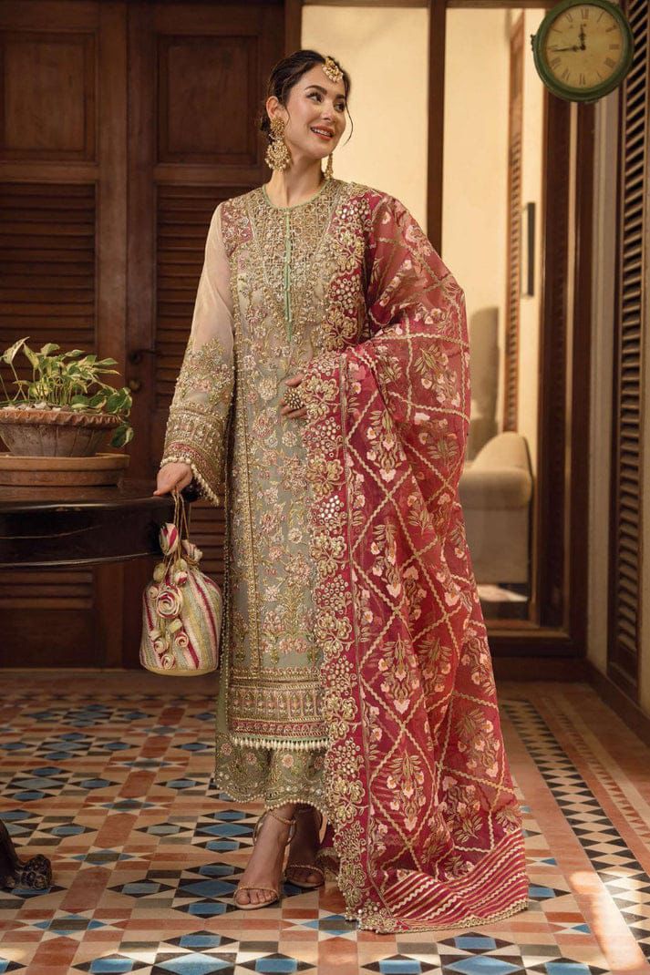 Olive grey heavy embroidered organza 3 piece unstitched suit front model view