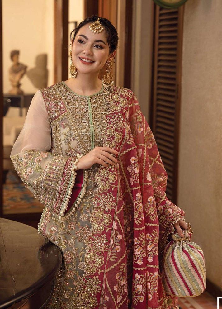 Olive grey organza suit close up showing embroidered neckline sleeves and dupatta