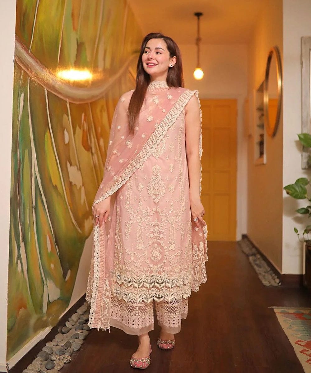 Peach pink embroidered lawn 3 piece unstitched suit front model view