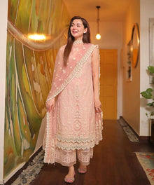 Peach pink embroidered lawn 3 piece unstitched suit front model view