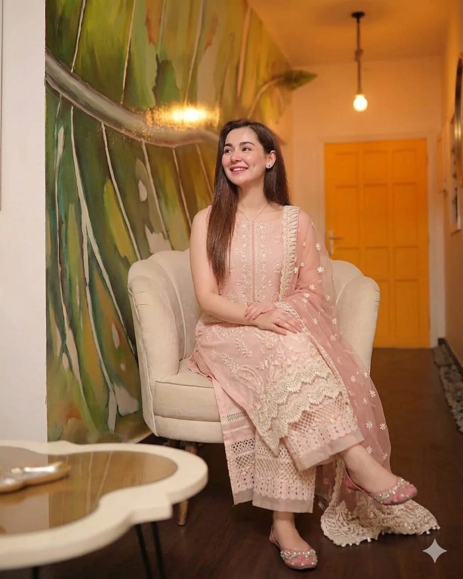 Peach pink embroidered lawn suit sitting model view with organza dupatta