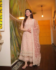 Peach pink lawn suit with ready to wear embroidered organza dupatta