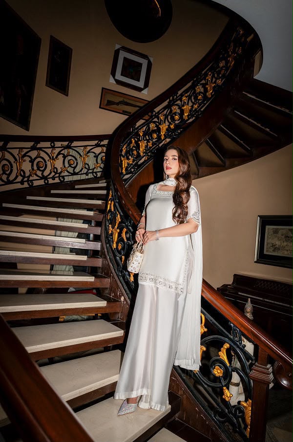 Pearl white shamoz silk 3 piece unstitched suit front model view