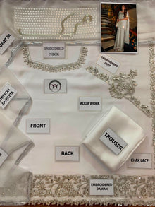 Pearl white shamoz silk unstitched suit flat lay with shirt trouser dupatta and patches