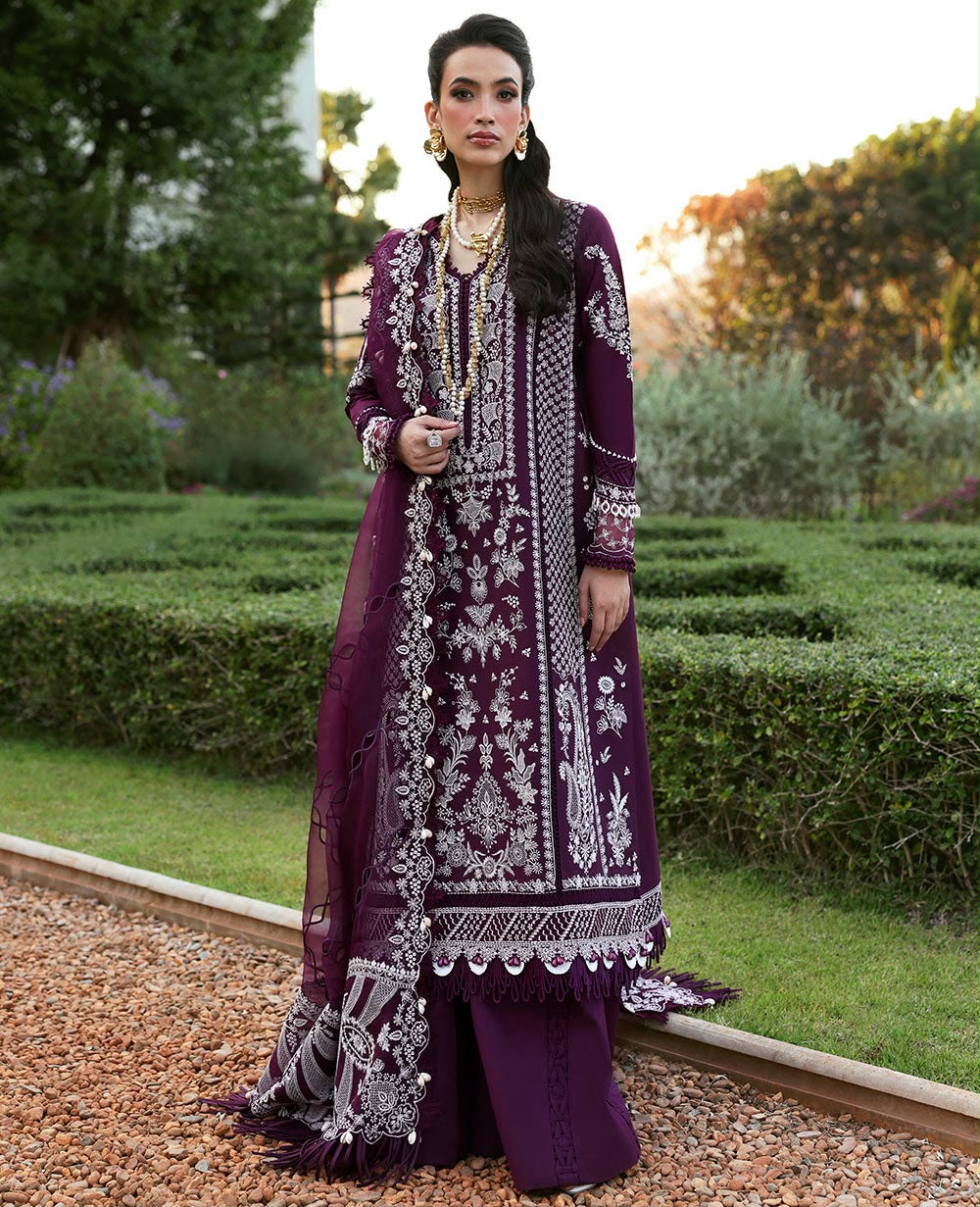 Plum chikankari embroidered cotton 3 piece unstitched suit front model view