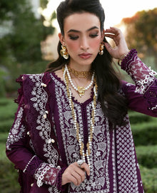 Plum embroidered unstitched suit front closeup model view