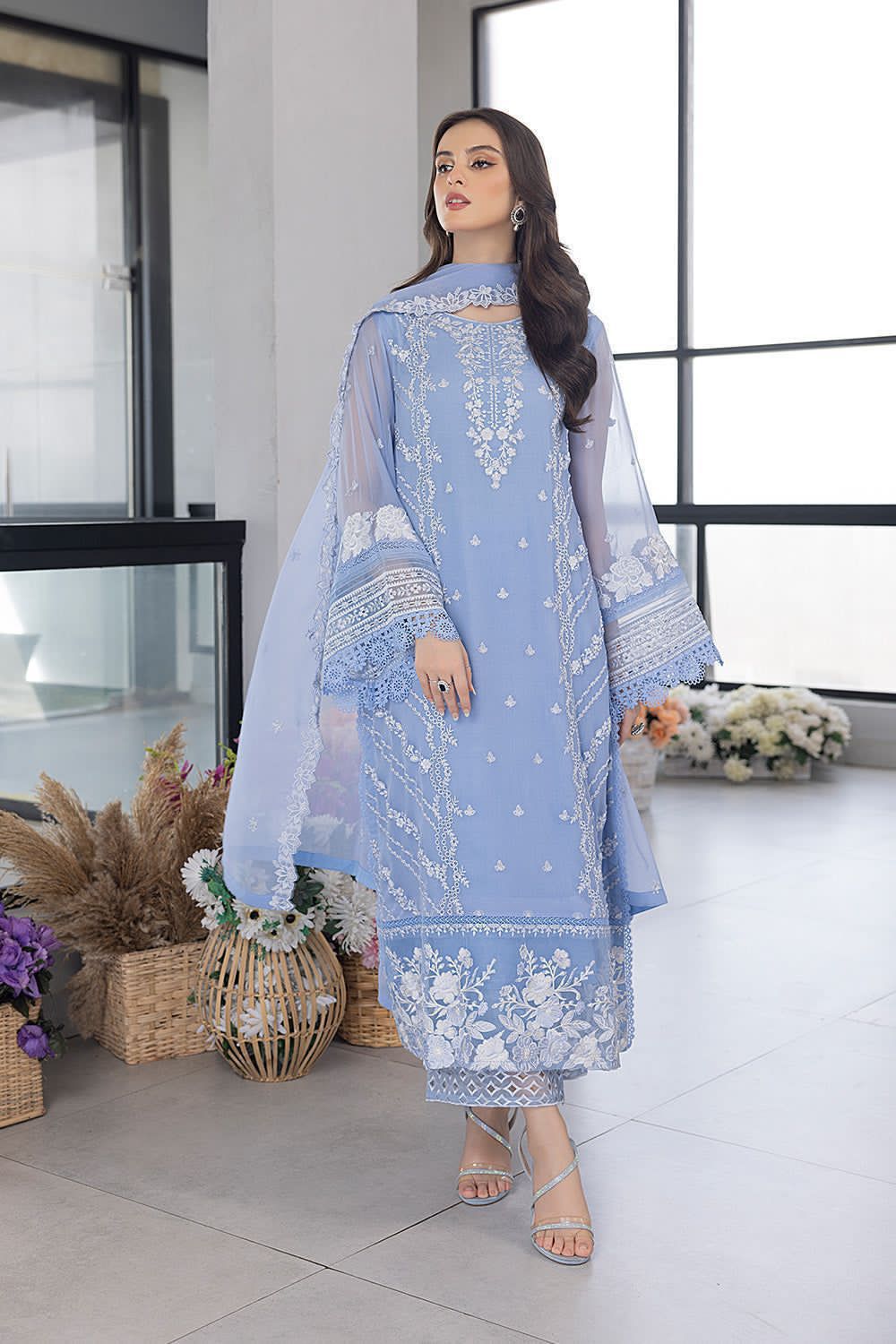 Powder blue embroidered organza 3 piece unstitched suit front model view