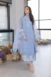 Powder blue embroidered organza 3 piece unstitched suit front model view
