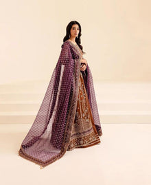 Rust brown embroidered net frock suit with deep purple ready to wear dupatta