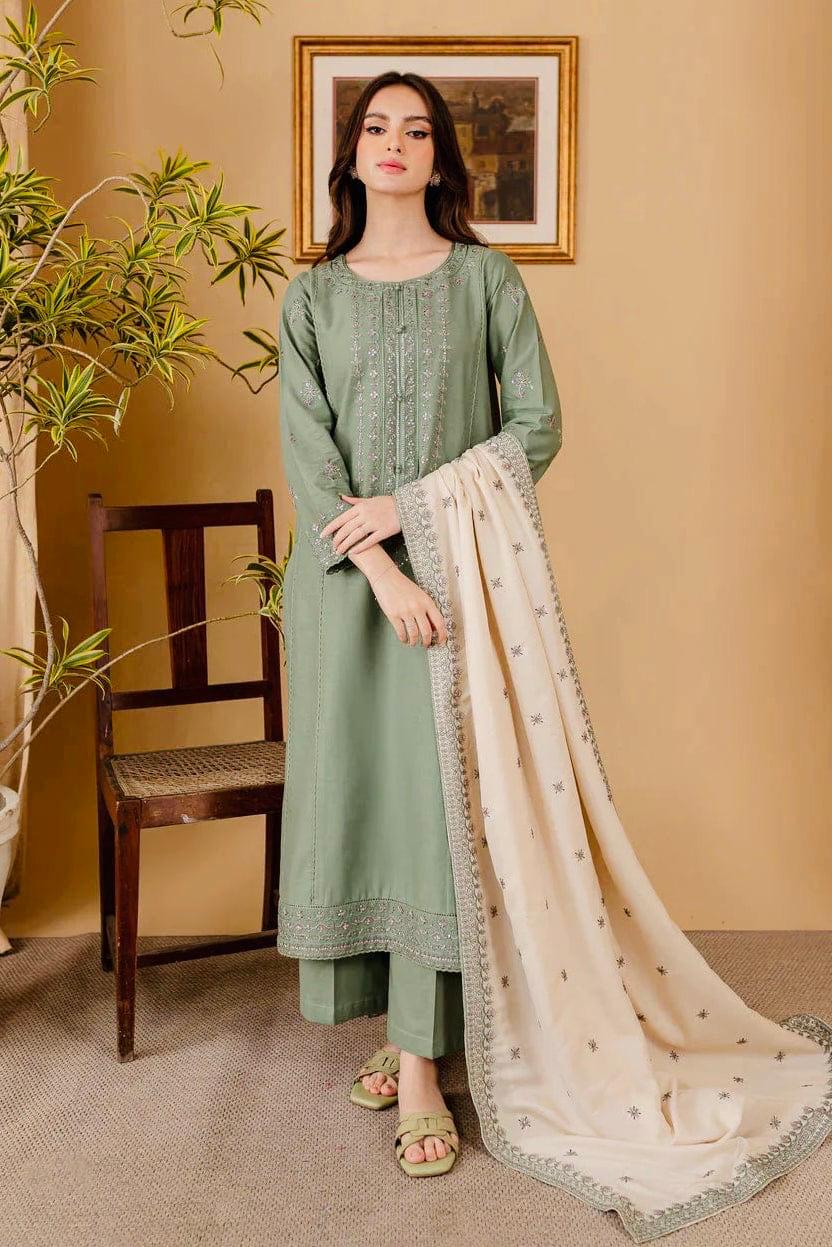 Sage green embroidered lawn 3 piece unstitched suit front model view