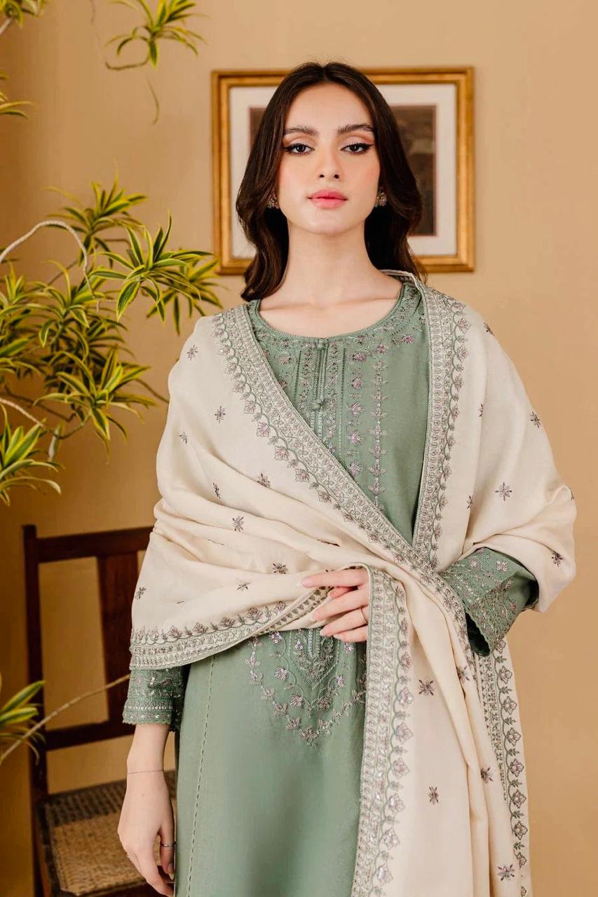 Sage green embroidered lawn suit with cream chiffon dupatta close up