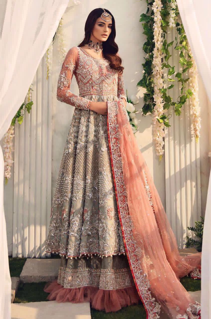 Silver grey embroidered net frock 3 piece unstitched suit front model view
