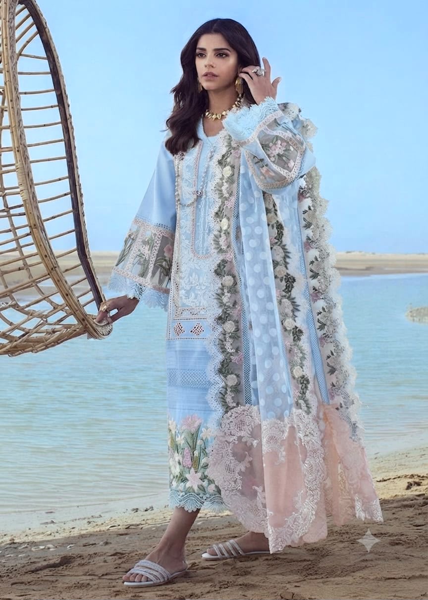 Soft Blue lawn cotton suit with premium jacquard dupatta full model view
