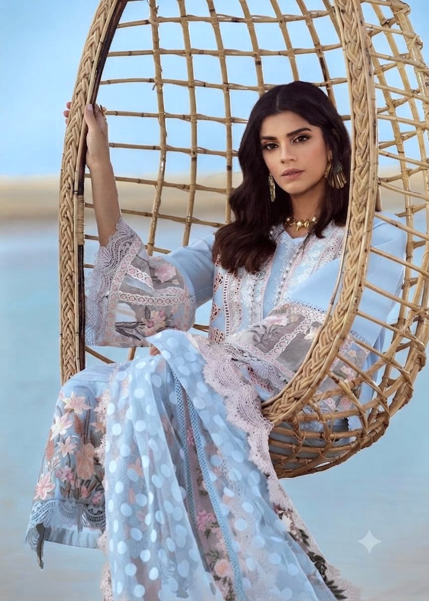 Soft Blue chikankari lawn suit sitting model view with jacquard dupatta
