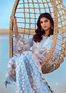 Soft Blue chikankari lawn suit sitting model view with jacquard dupatta
