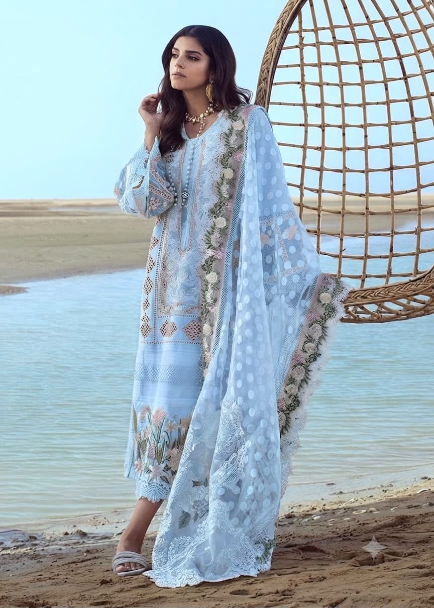 Soft Blue chikankari lawn cotton 3 piece unstitched suit front model view