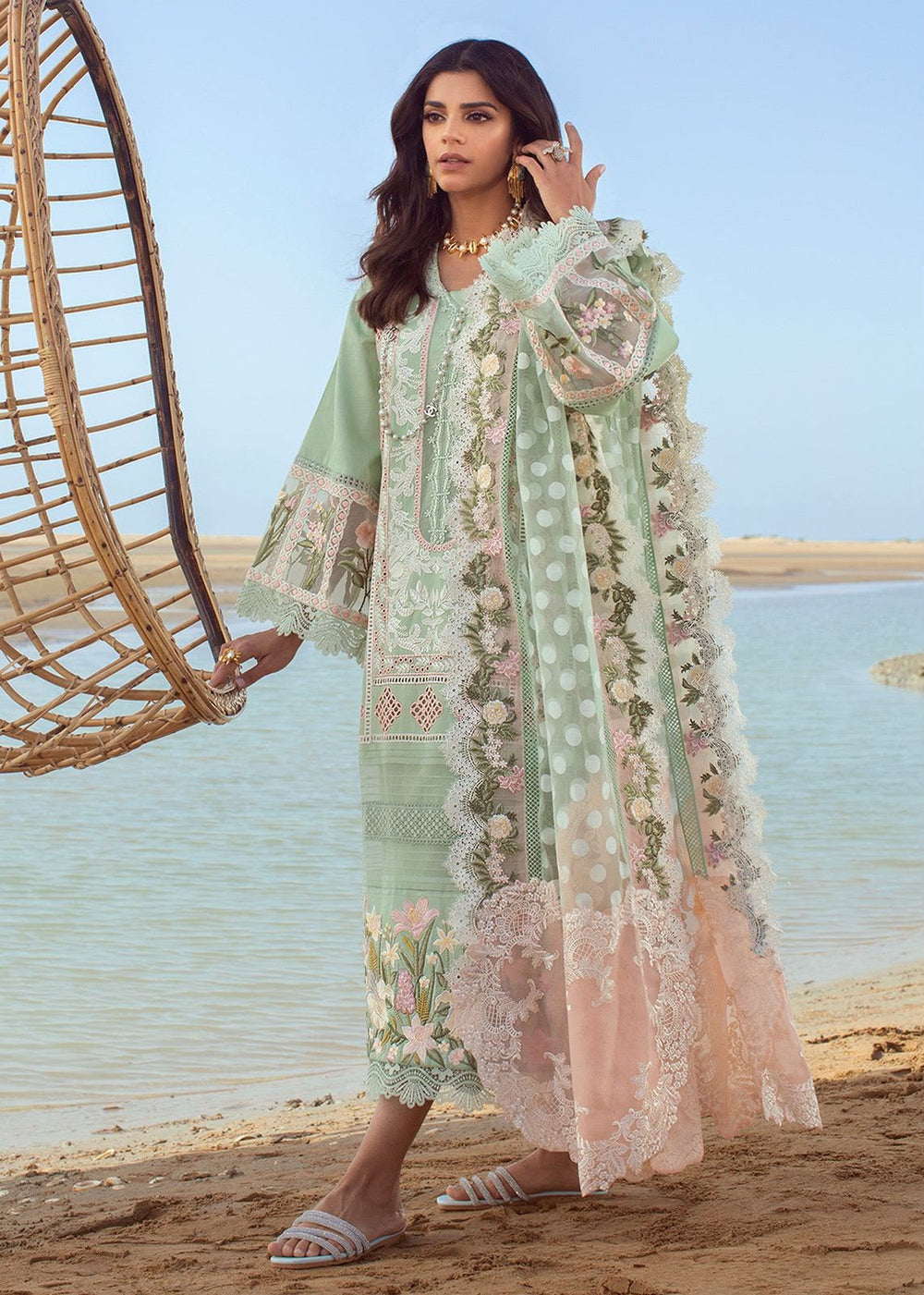 Soft mint chikankari lawn cotton 3 piece unstitched suit front model view