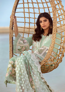 Soft mint chikankari lawn suit sitting model view with jacquard dupatta
