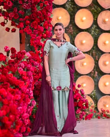 Soft mint embroidered shamooz silk 3 piece unstitched suit front model view
